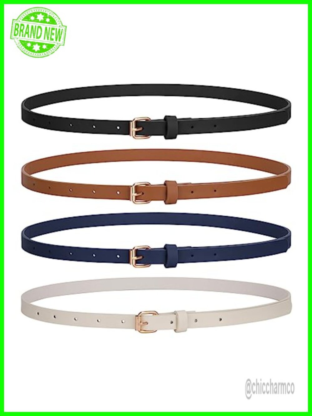 4 Pack Women's Skinny Faux Leather Cinch Belts with Gold Buckle